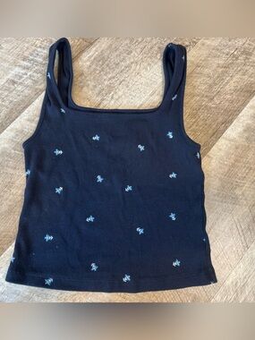 Old Navy Navy Blue Ribbed Tank with Tiny Light Blue Floral Embroidery Look